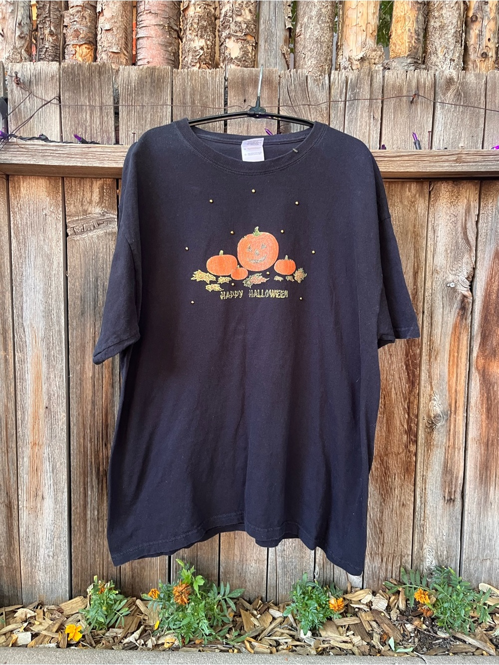 Vintage 90s Black Halloween Pumpkin Graphic Tee - Glitter Accents